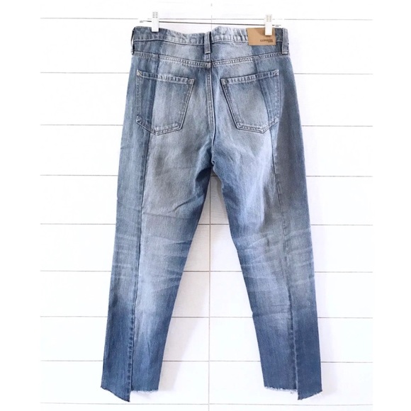 Express Blue Two Tone Raw Denim Girlfriend Jeans - Picture 6 of 8